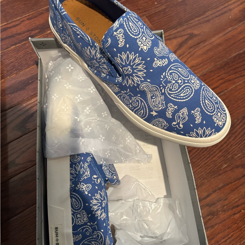 Sun + Stone Blue and White Loafers with Floral Print